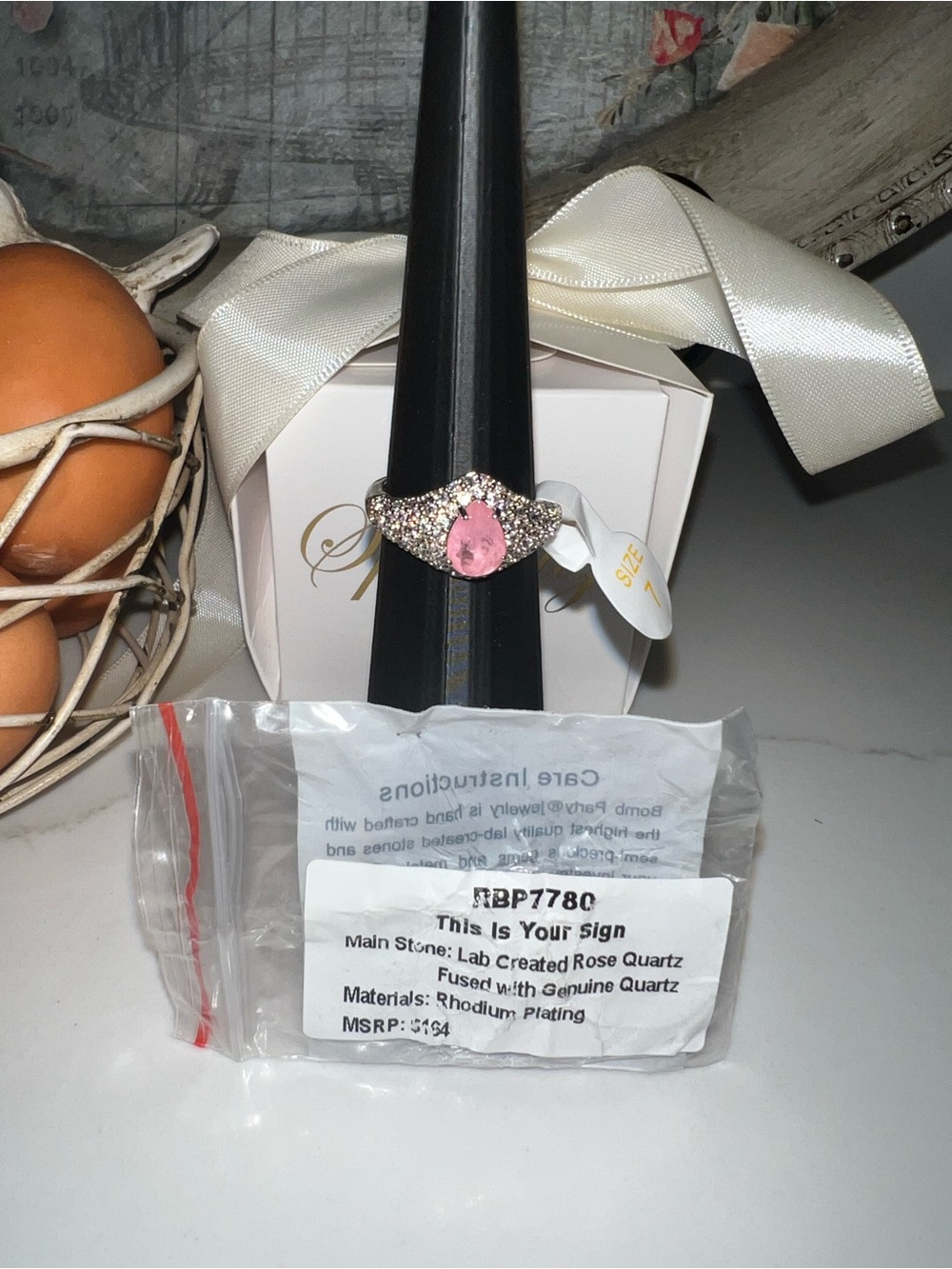 Pink Pear-Cut Rose Quartz Halo Ring with Rhodium Plating